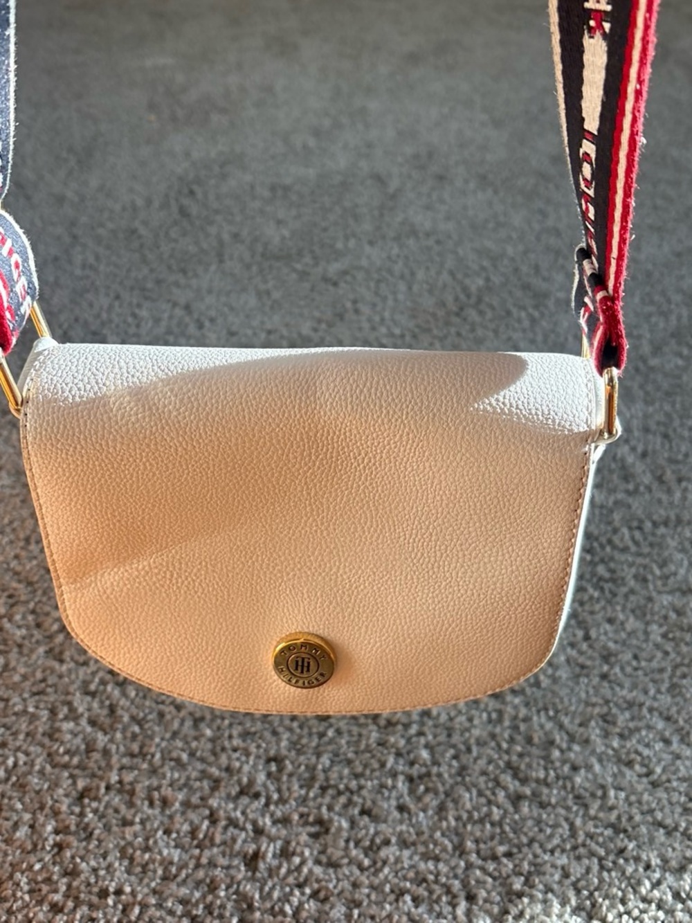 Cream Crossbody Bag with Red-Trim Adjustable Strap